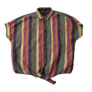 Madewell Shirt Women's Small Rainbow Stripe Tie Front Button Up Linen Blend